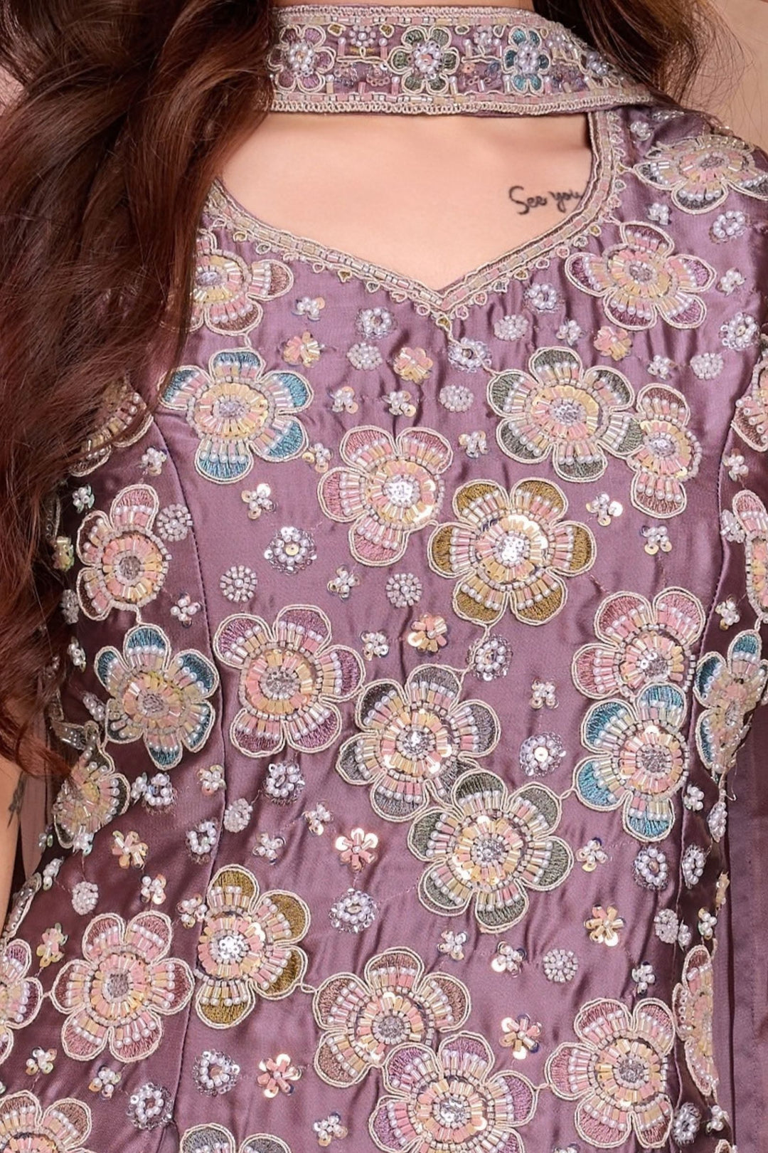 Lavender Beads, Thread and Sequins work Palazzo Suit Set for Girls