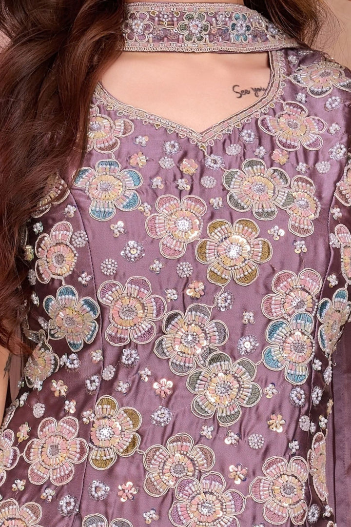 Lavender Beads, Thread and Sequins work Palazzo Suit Set for Girls