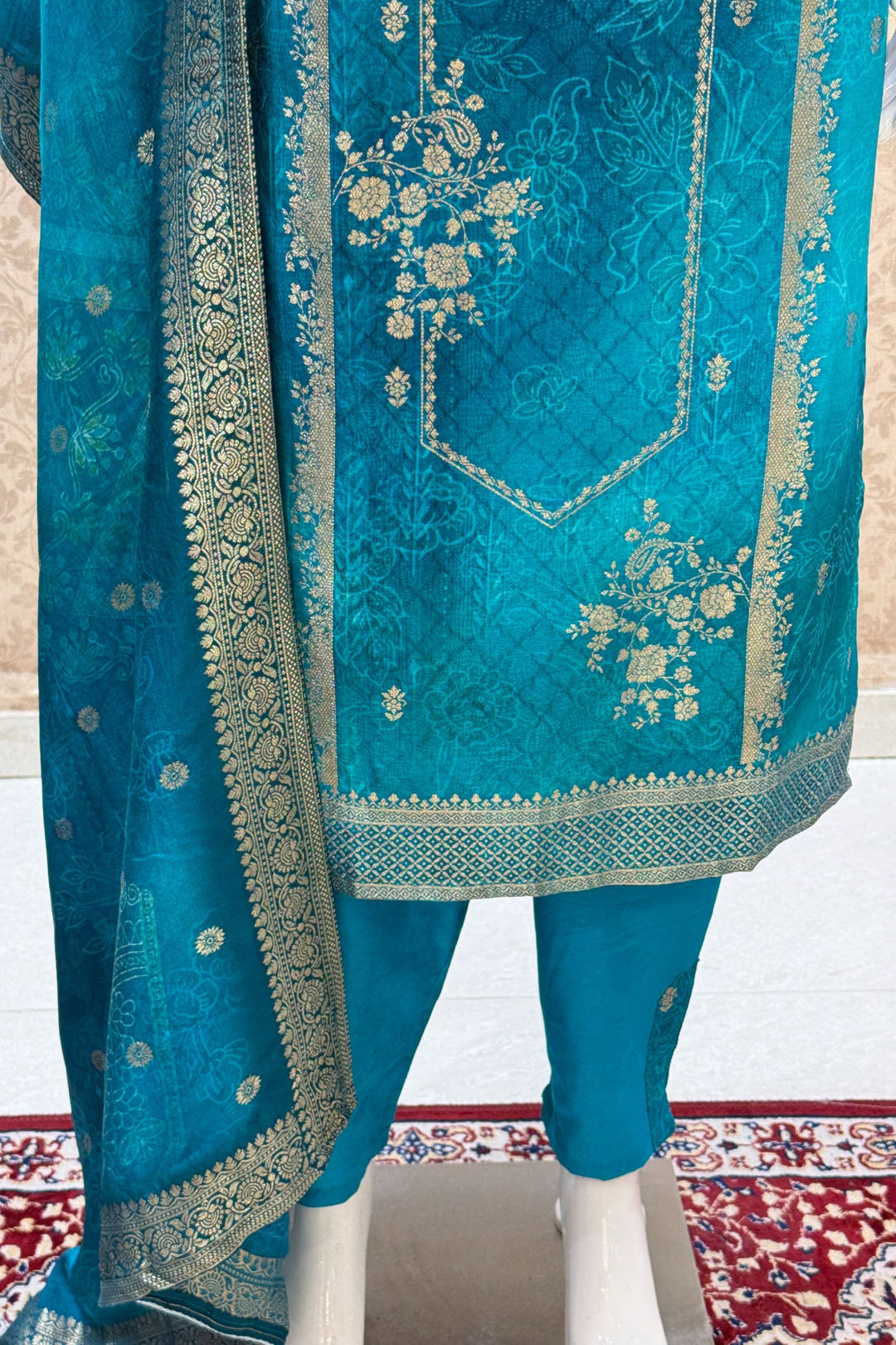 Rama Blue Banaras, Zardozi, Beads, Stone and Zari work Straight Cut Salwar Suit