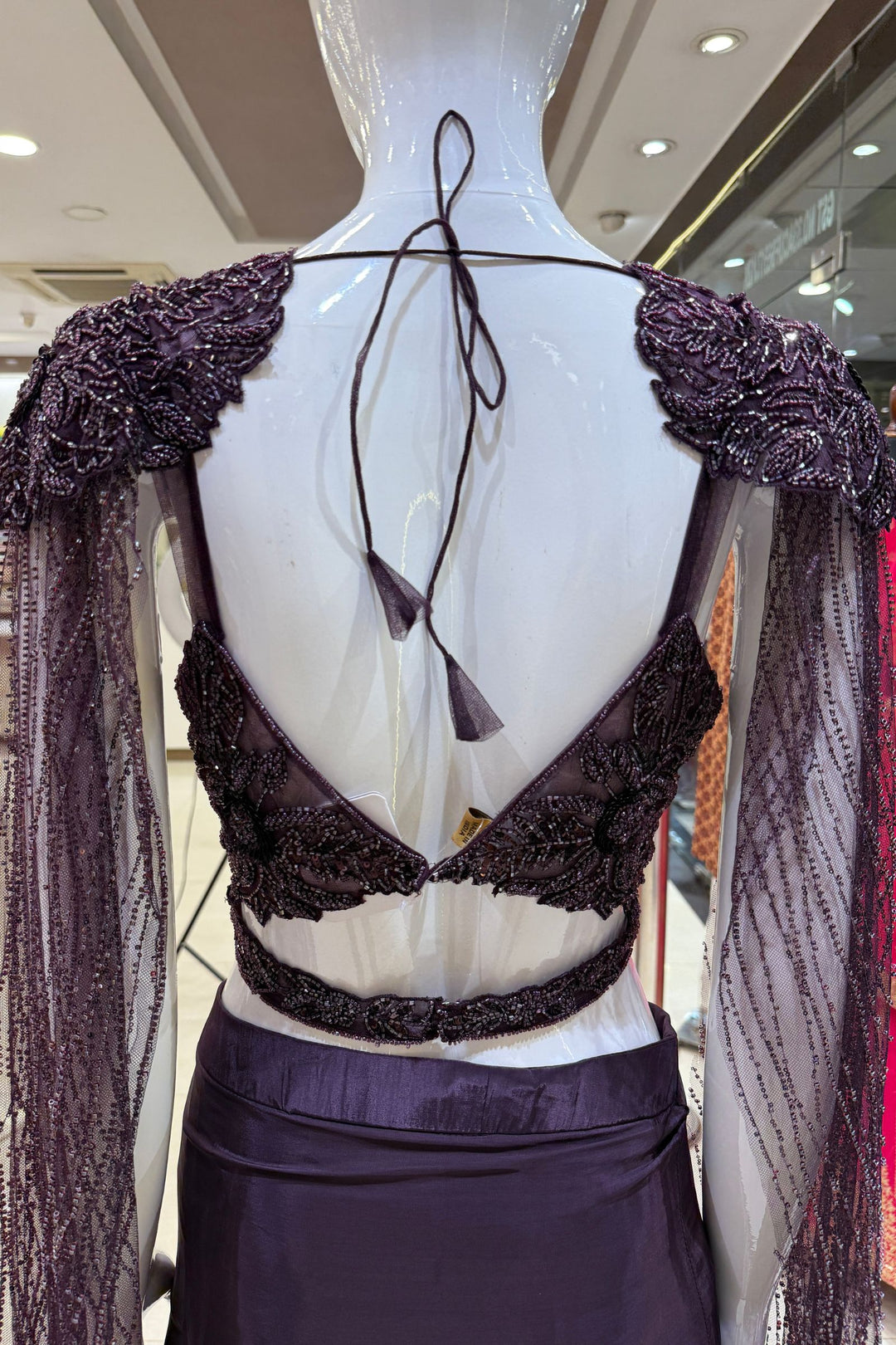 Wine Indo-Western Styled Beads and Sequins work Crop Top and Cowl Skirt