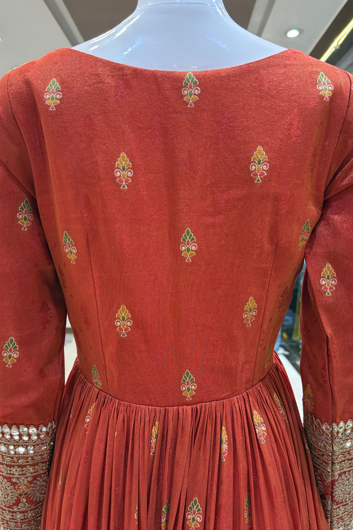 Orange Banaras, Sequins, Zari and Beads work Floor Length Anarkali Suit