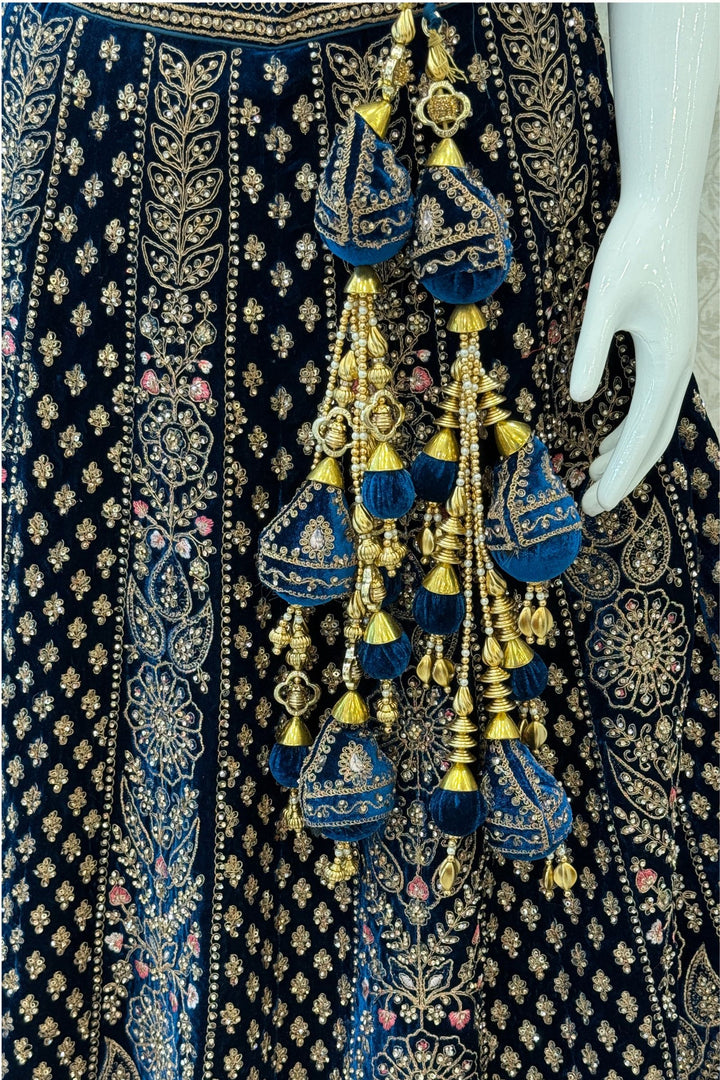 Peacock Blue Zardozi, Beads and Embroidery work Crop Top Designer Bridal Lehenga