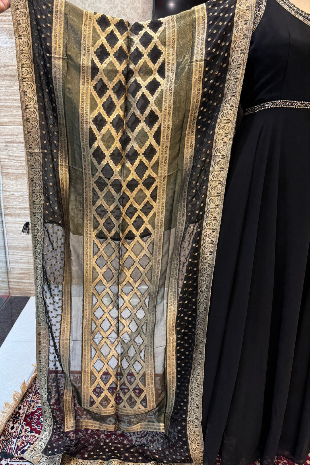 Black Beads and Sequins work Anarkali Gown with Traditional Banaras work Dupatta