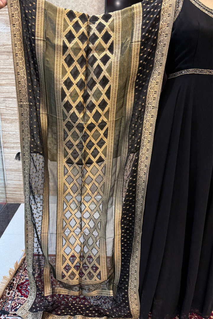 Black Beads and Sequins work Anarkali Gown with Traditional Banaras work Dupatta