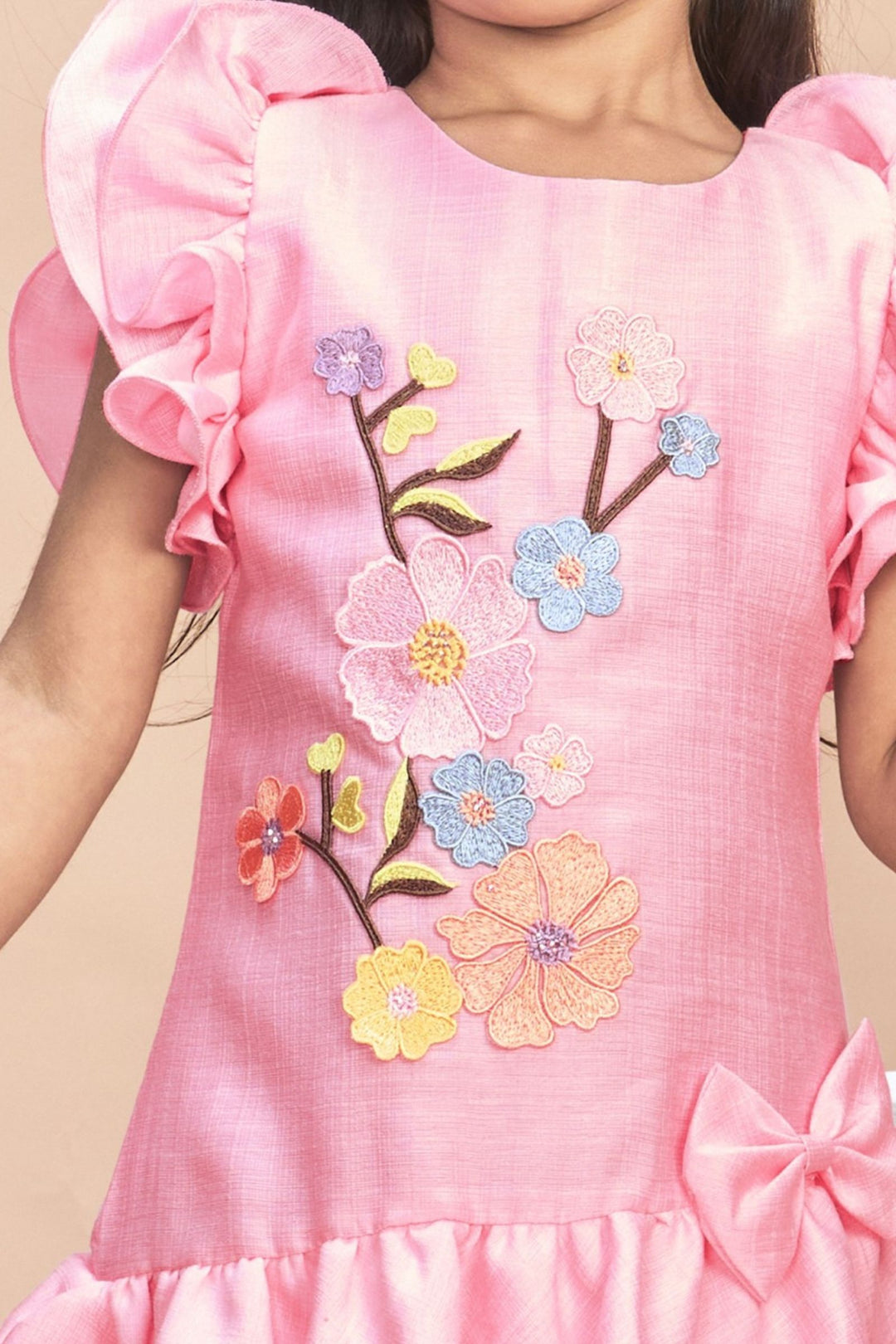 Baby Pink Thread work Short Frock for Girls