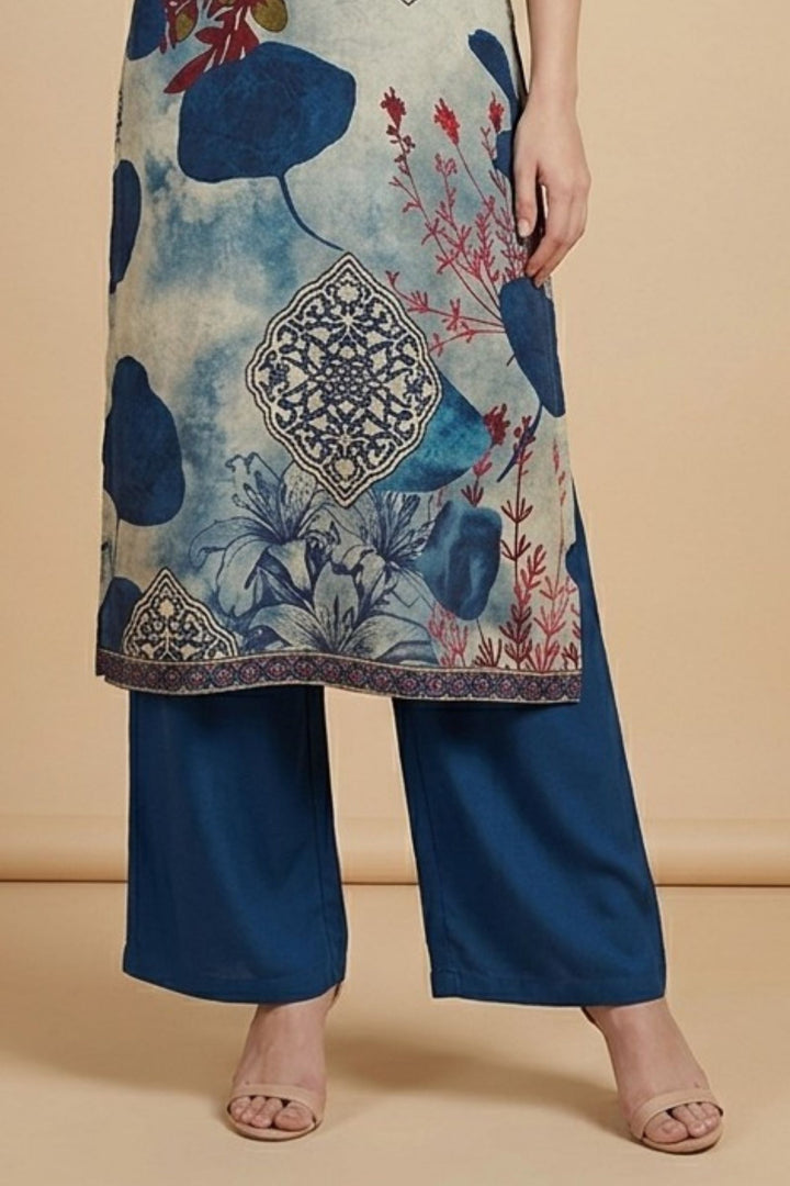Beige Beads work with Digital Print Calf Length Kurti