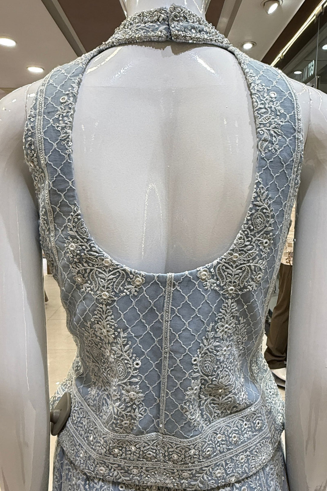 Sky Blue Halter Neck Palazzo Set with Chikankari, Beads, Sequins, Mirror and Stone Detailing