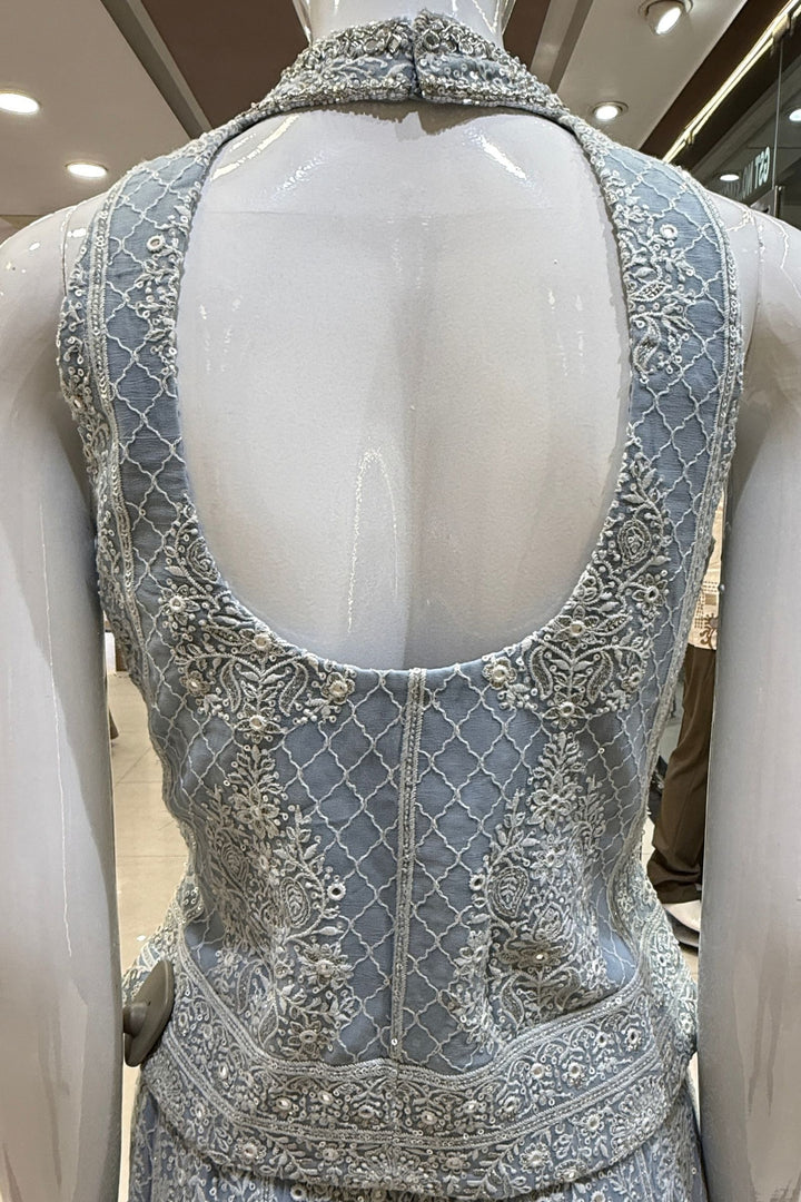 Sky Blue Halter Neck Palazzo Set with Chikankari, Beads, Sequins, Mirror and Stone Detailing