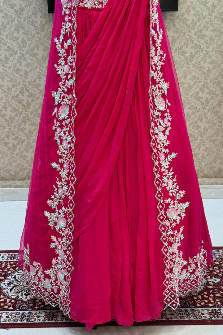 Rani Pink Sequins, Stone and Pearl work Indo-Western Styled Crop Top Lehenga  with Overcoat