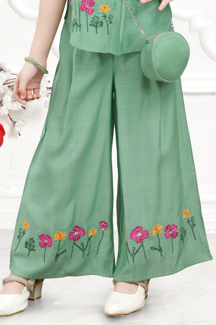 Green Embroidery work Palazzo Set For Girls with Bag