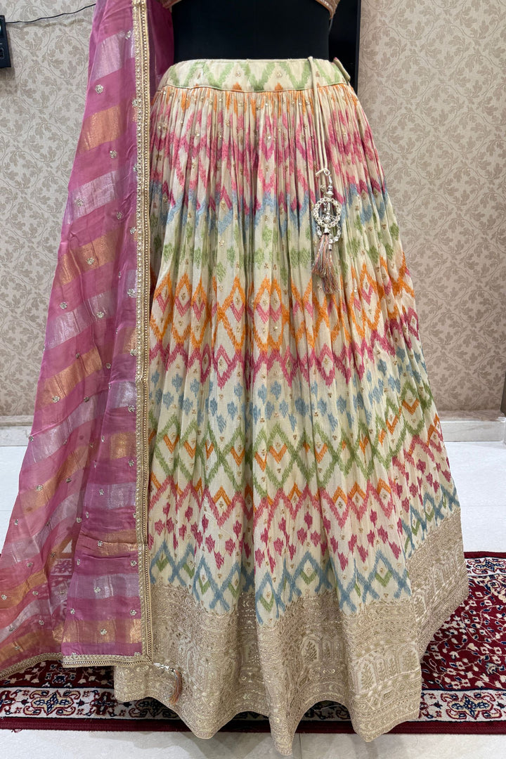 Cream Multicolor Embroidery, Sequins, Zari, Beads and Zardozi work Crop Top Lehenga