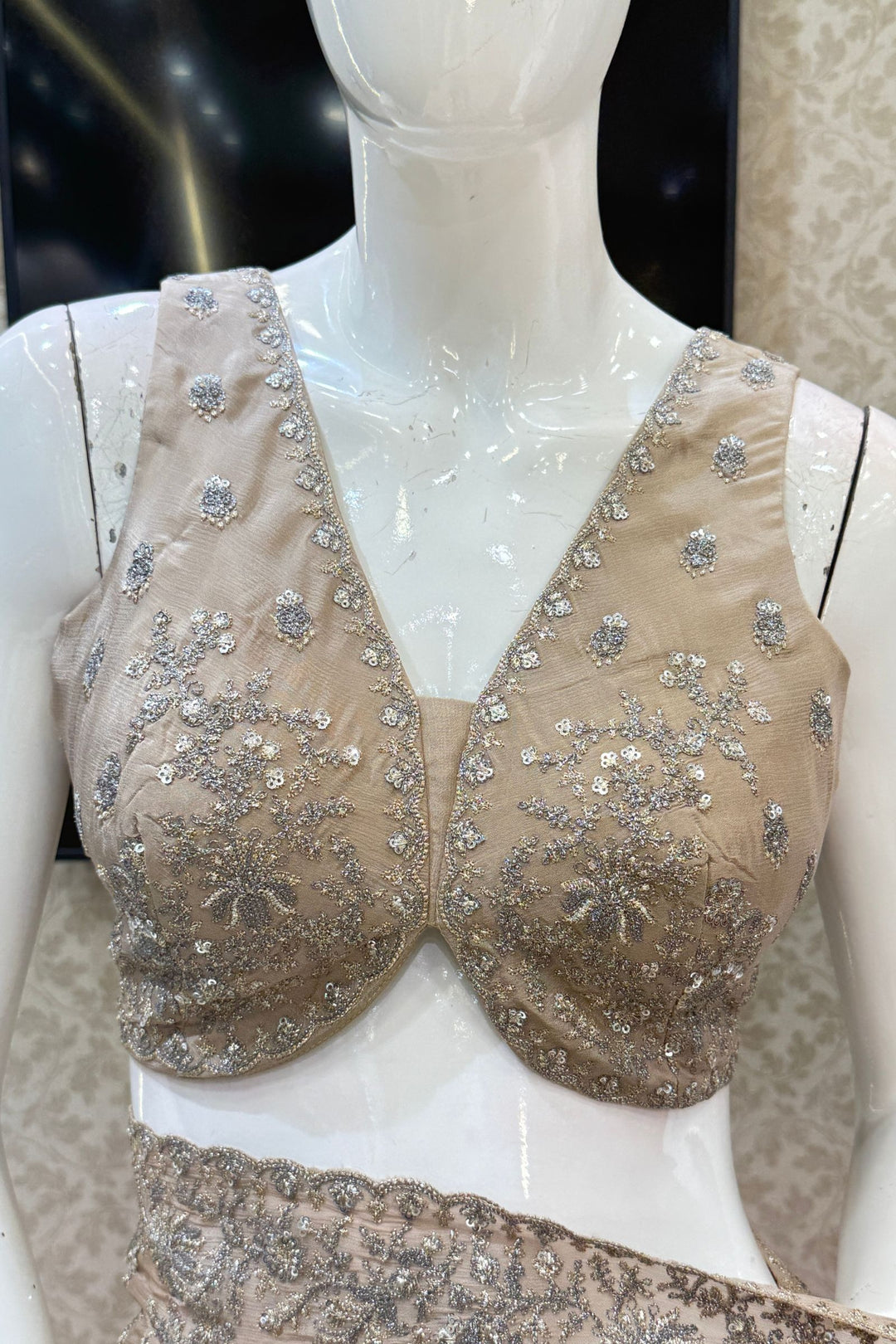 Beige Zari and Sequins work Saree