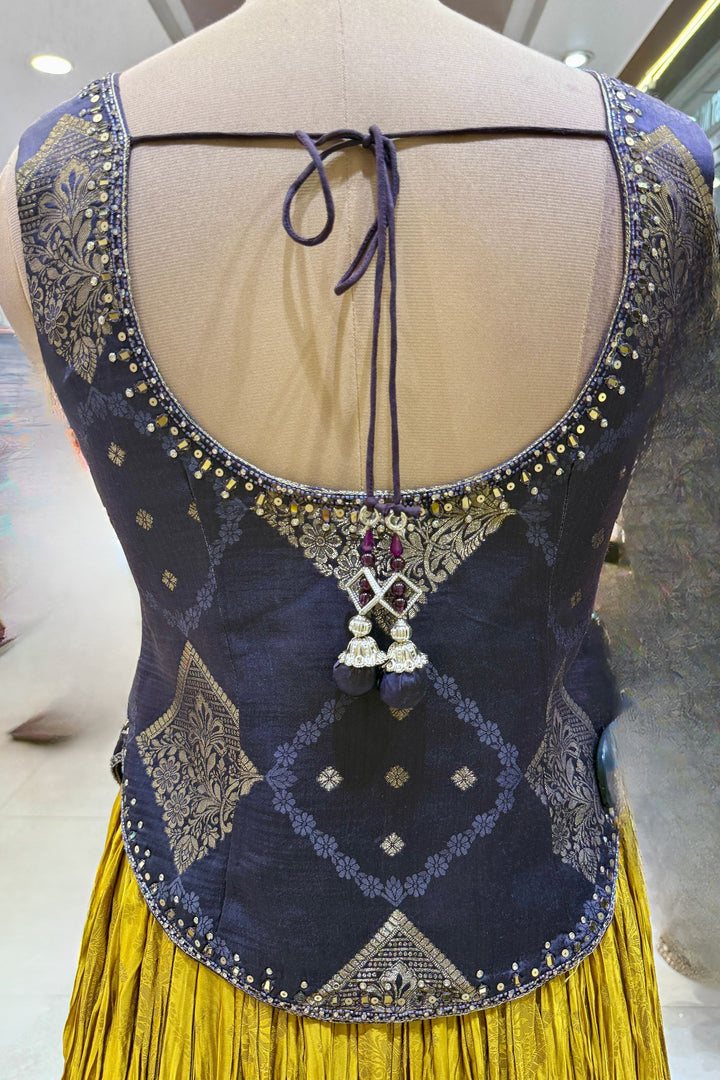 Dark Grey with Mustard Banaras, Mirror, Stone and Zari work Peplum Style Lehenga