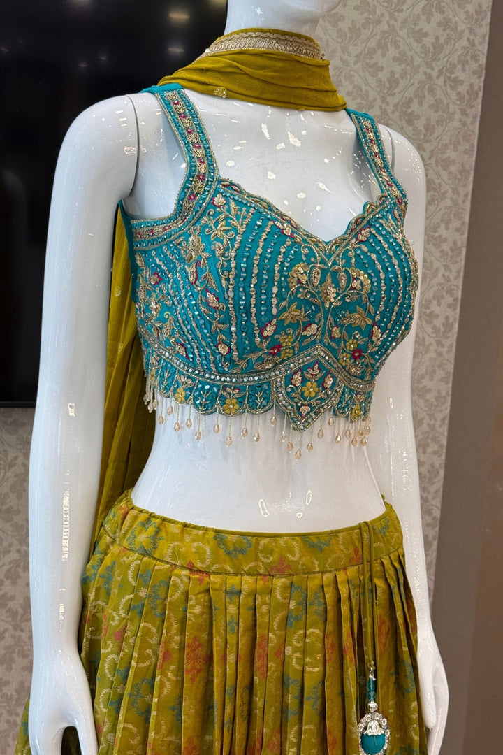 Rama Blue with Olive Green Mirror, Stone, Beads and Banaras work Lehenga
