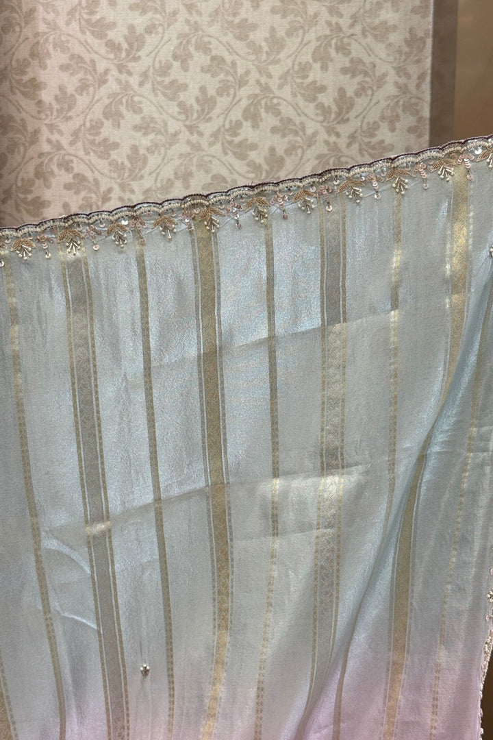 Elegant Lavender and Blue Saree with Golden Zari Stripe Detailing