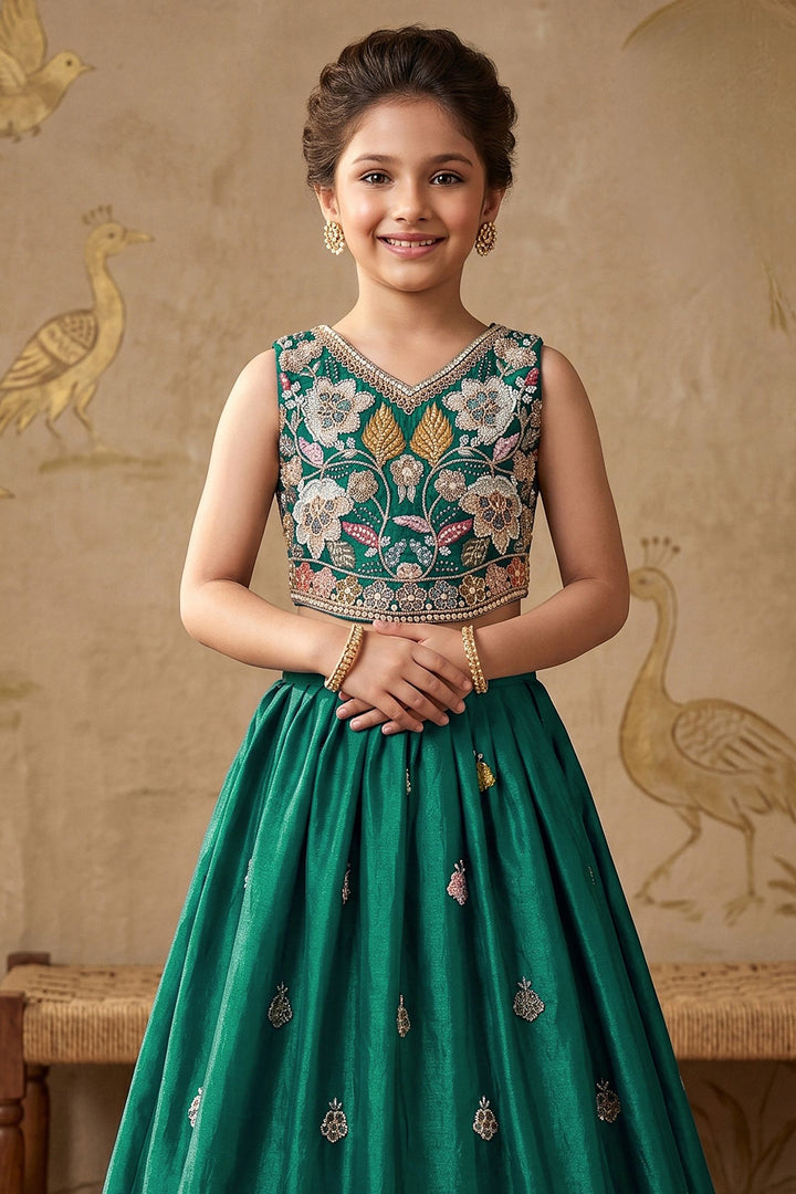 Peacock Green Floral Embroidery Girls Lehenga Choli with Zari, Beads and Sequins work