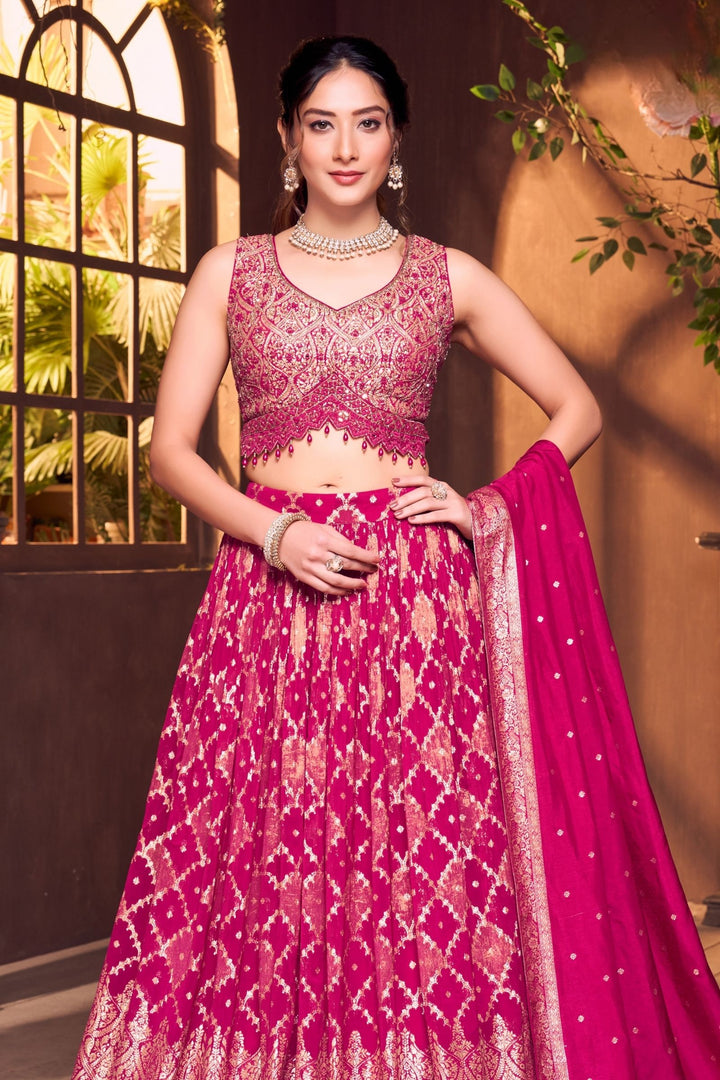 Rani Pink Banaras, Mirror, Beads and Zardozi work Crop Top Lehenga