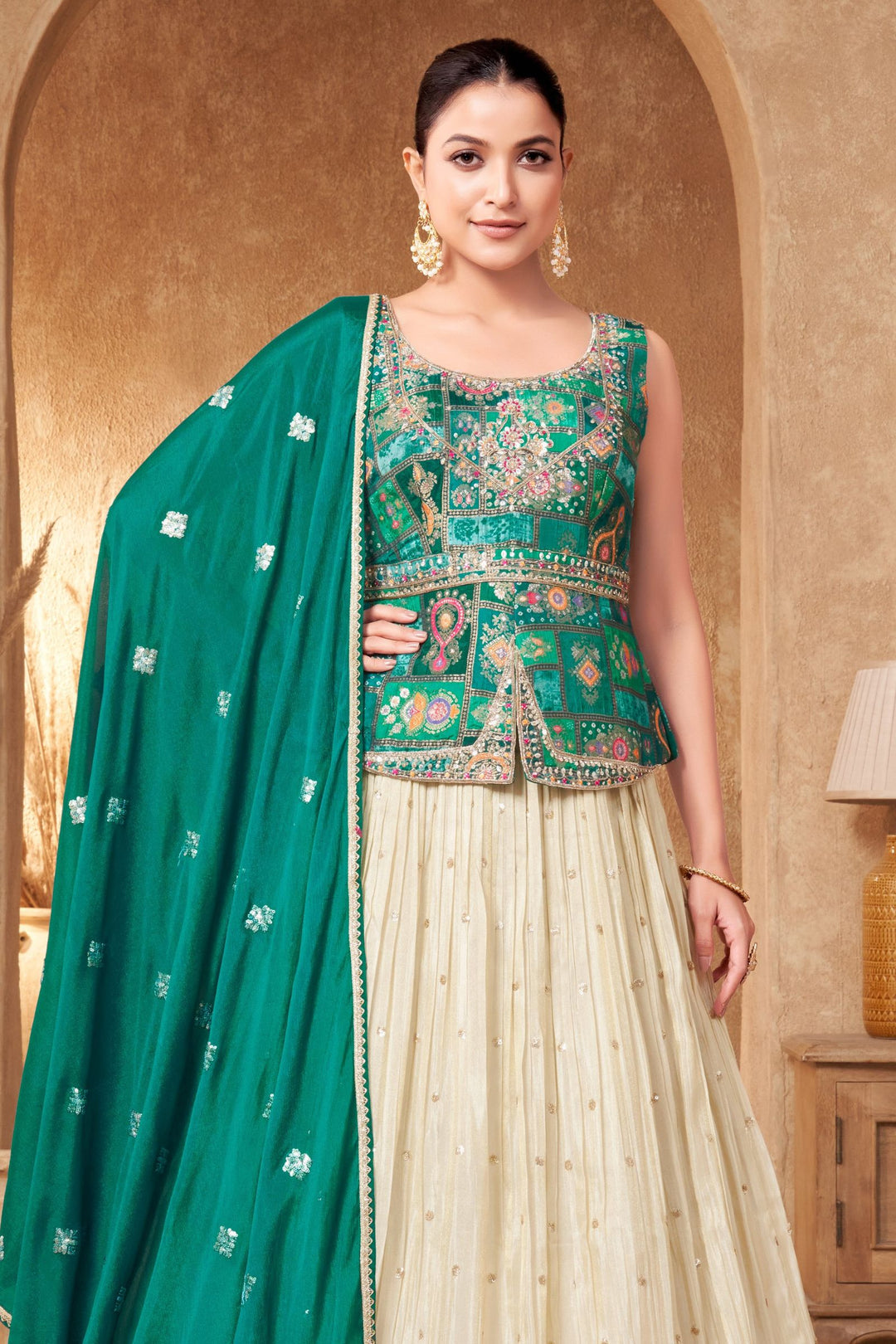 Green with Cream Banaras, Beads, Sequins, Zari and Stone work Peplum Style Lehenga