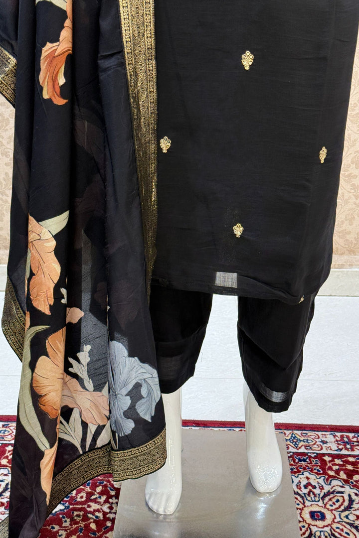 Black Beads, Zari, Sequins and Thread work with Floral Print Straight Cut Salwar Suit