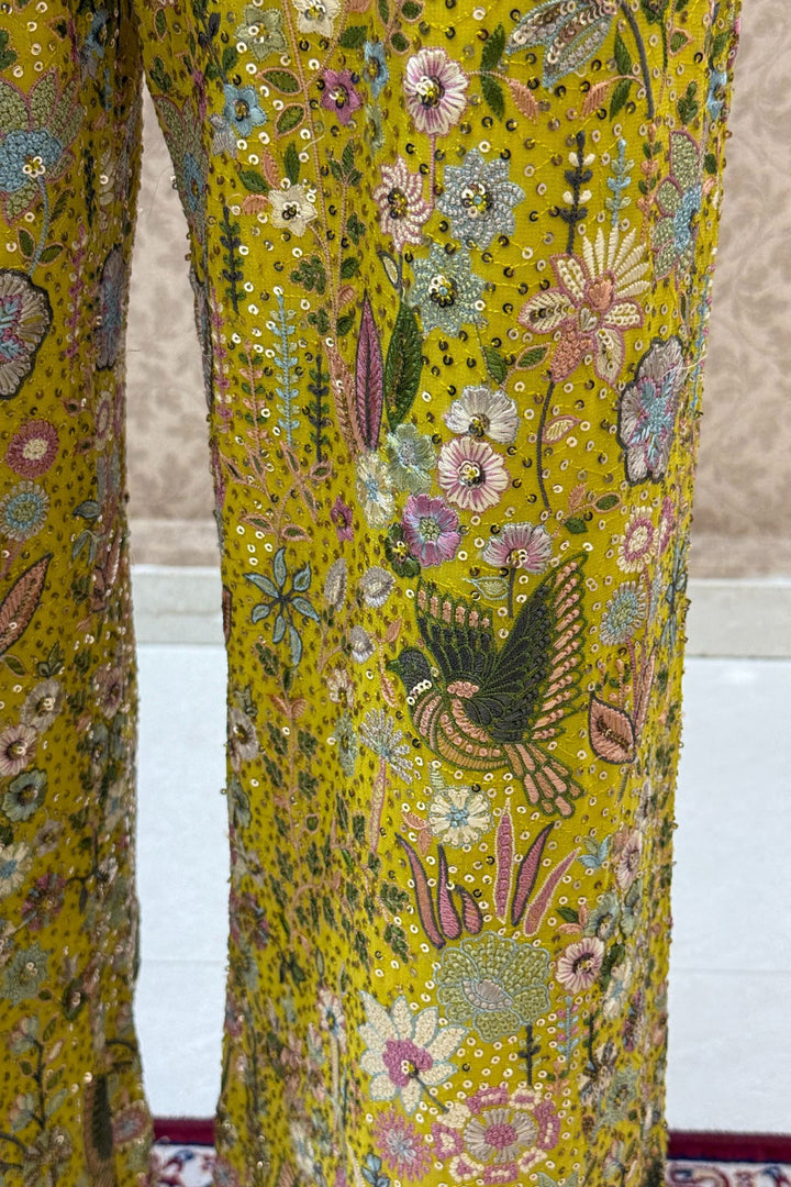 Yellow Multicolor Embroidery, Sequins, Pearl, Stone and Mirror work Salwar with Palazzo Pant