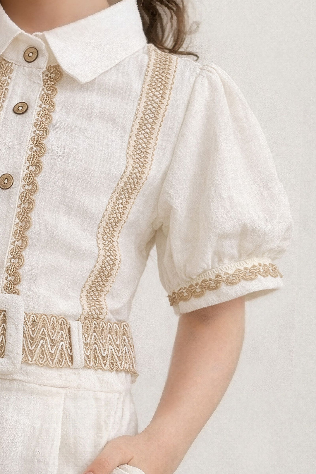 Cream Thread work Top and Shorts For Girls