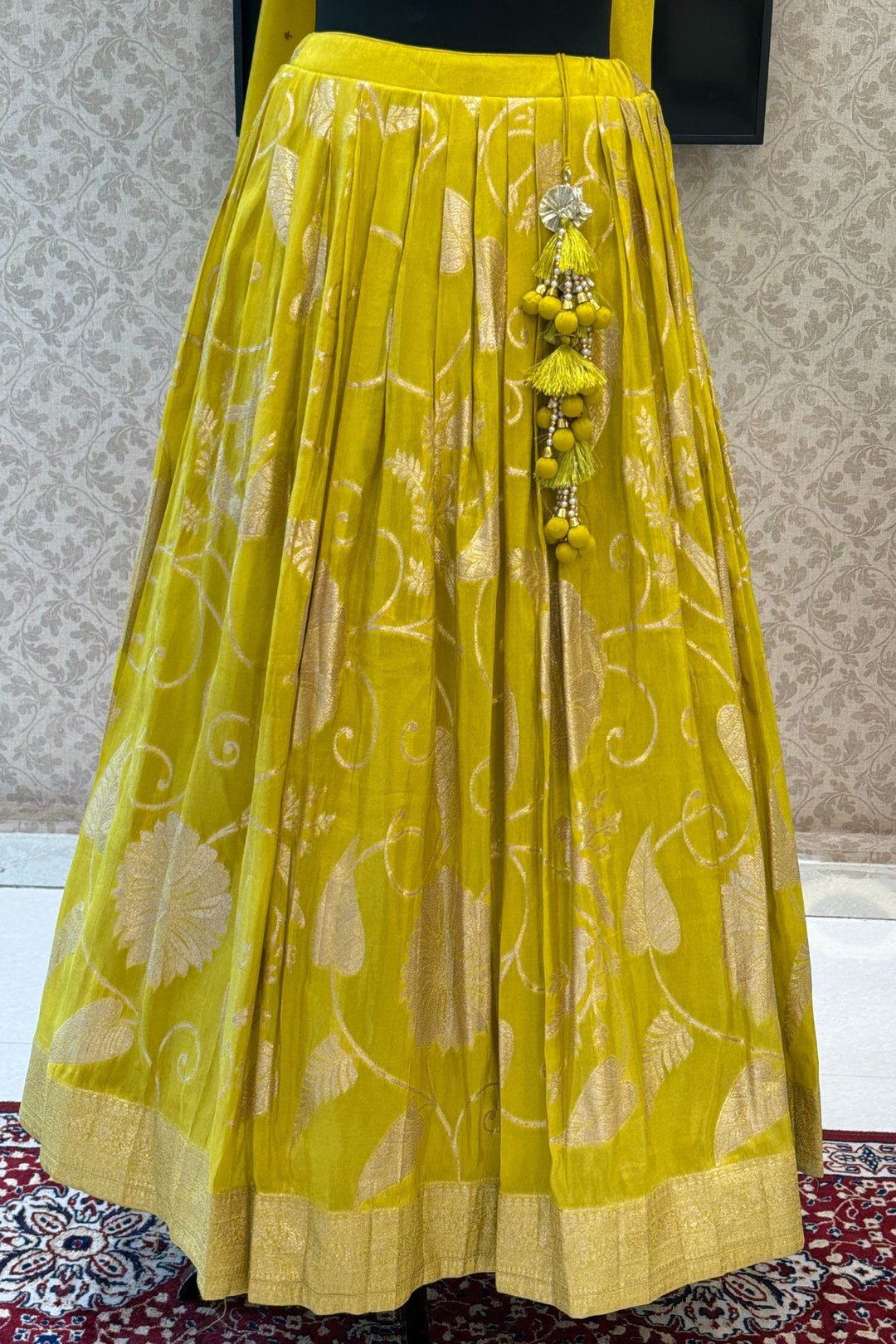 Parrot Green with Liril Green Beads, Sequins, Zardozi and Banaras work Crop Top Lehenga