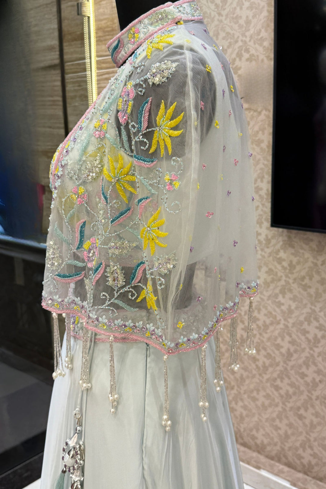 Sea Blue Beads, Sequins and Stone work with Poncho Crop Top Lehenga