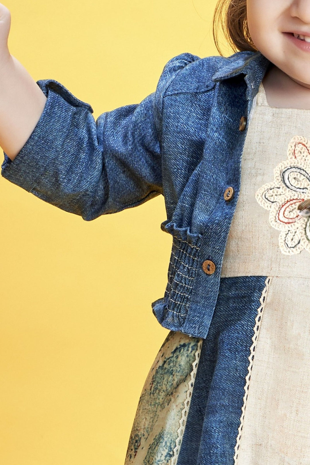 Cream with Blue Thread work with Digital Print Jacket Styled Short Frock For Girls