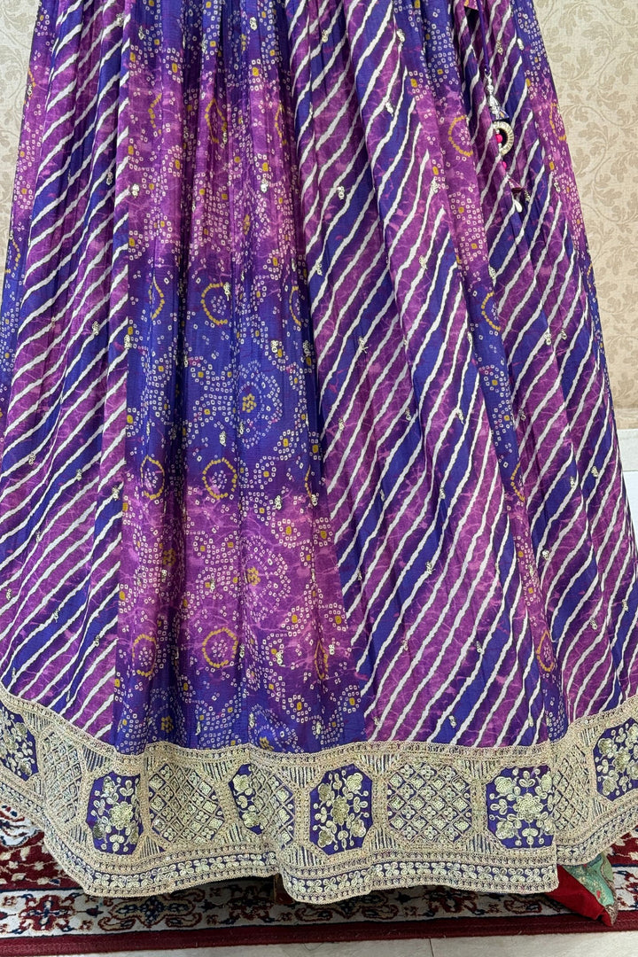 Purple Zari, Sequins and Beads work with Bandini and Leheriya Print Crop Top Lehenga