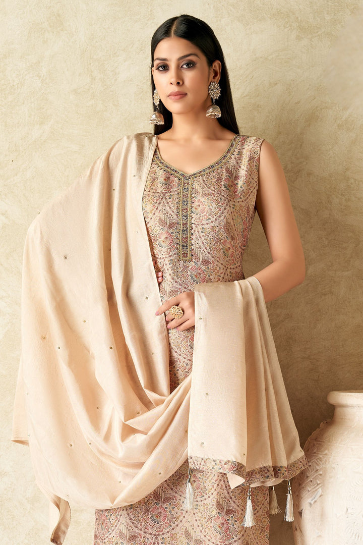 Beige Brocade, Mirror, Zardozi and Sequins work with Digital Print Straight Cut Salwar Suit