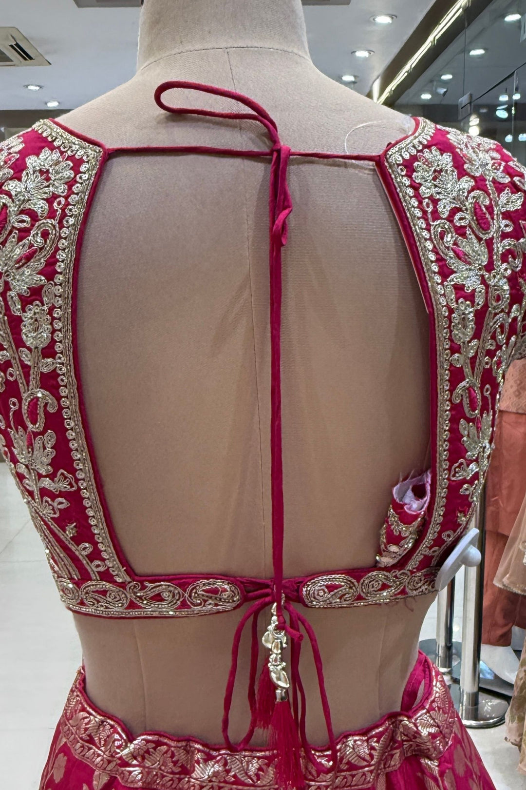 Rani Pink V-Neck Lehenga Choli with Zari, Beads, Sequins and Brocade Work
