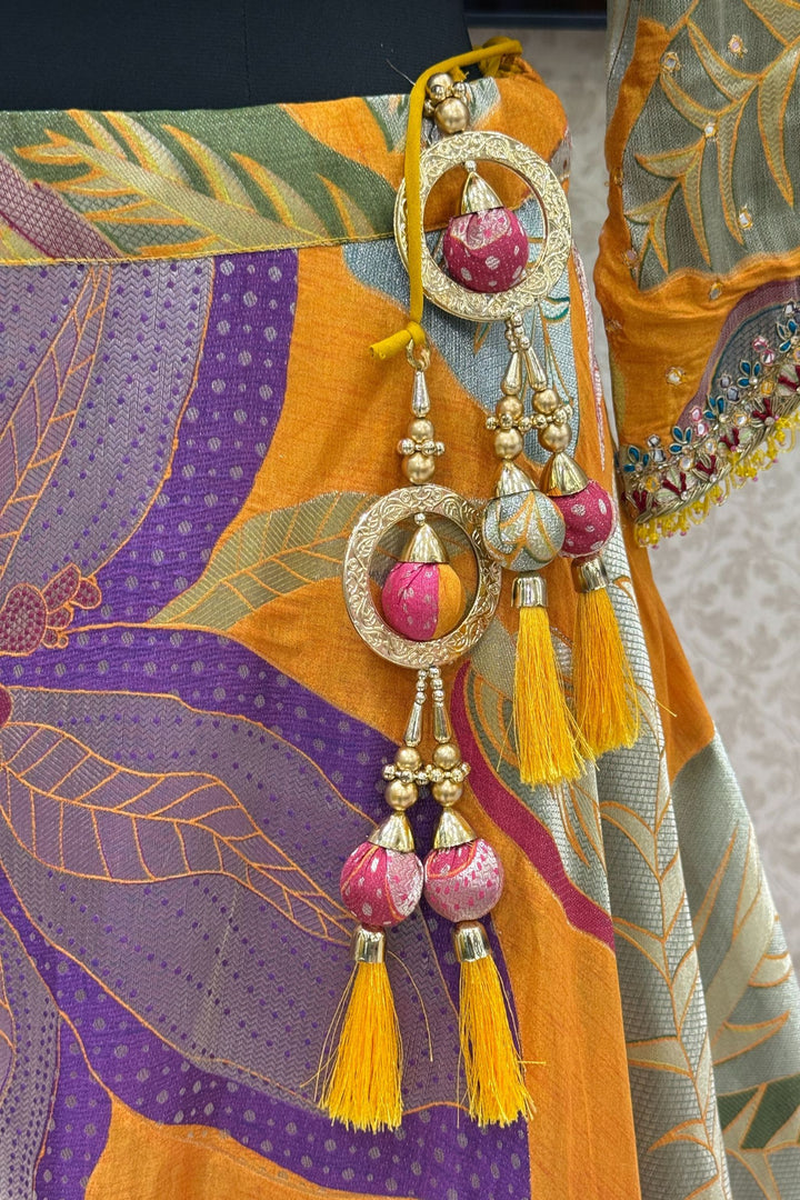 Yellow Zardozi, Beads, Sequins, Zari, Mirror and Floral work Crop Top Lehenga