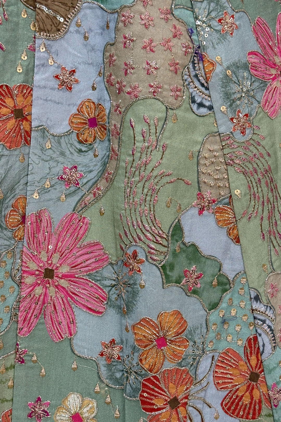 Pink with Light Green Floral Print, Beads, Zari and Sequins work Crop Top Lehenga