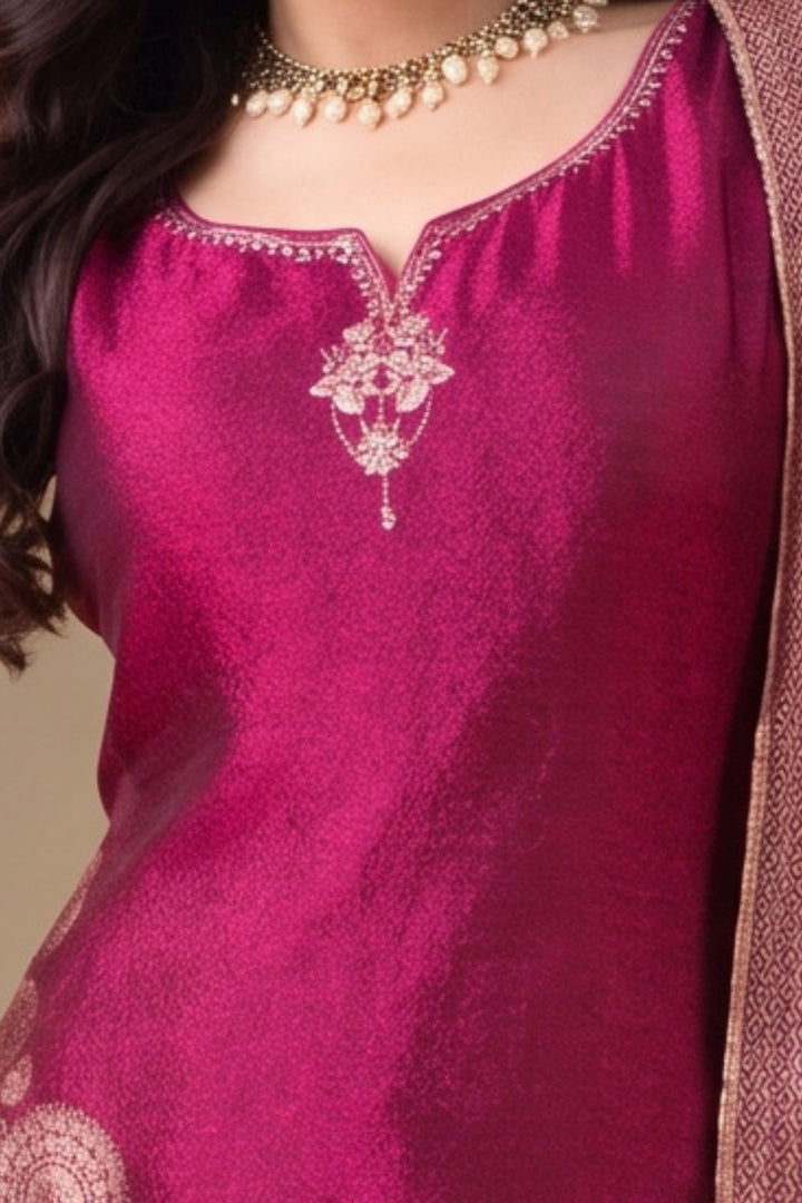 Magenta Banaras, Zardozi, Zari, Sequins and Stone work Straight Cut Salwar Suit