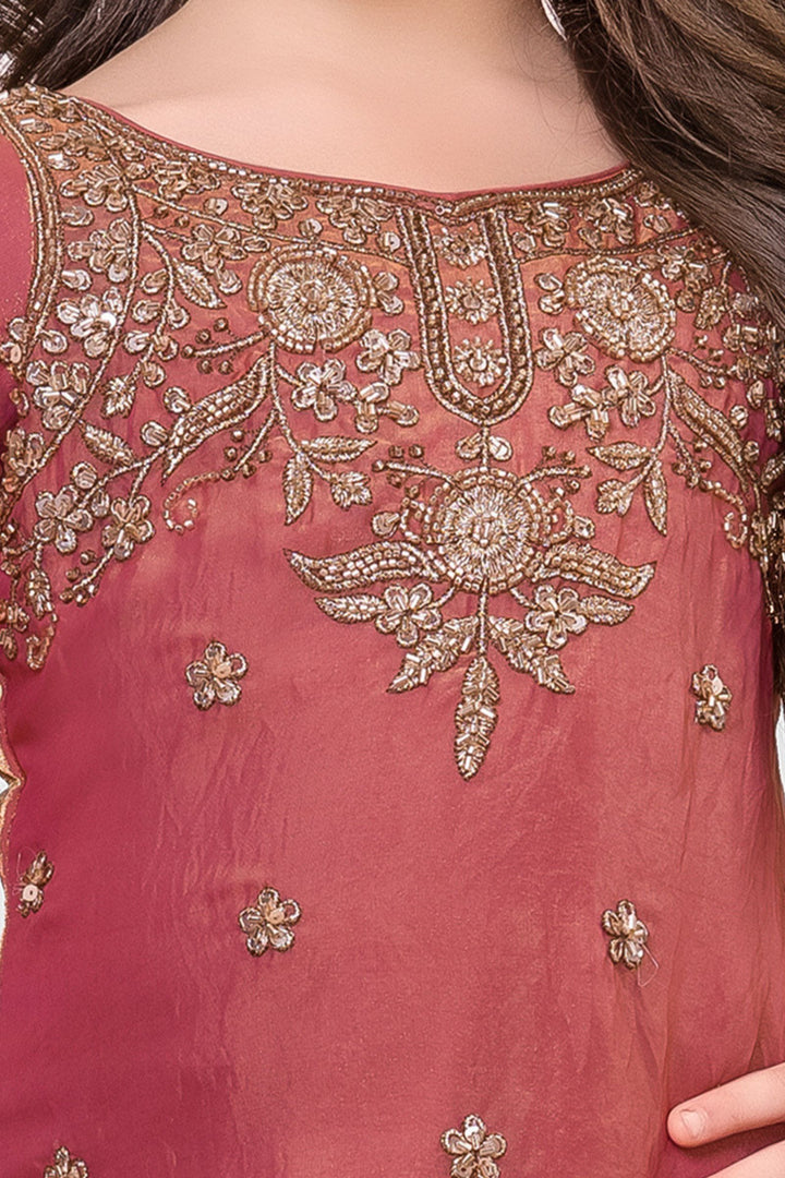 Peach Beads, Zari and Sequins work Palazzo Suit Set for Girls