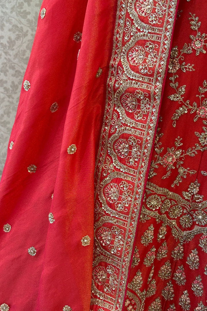 Tomato Red Beads, Zardozi, Sequins and Zari work Crop Top Designer Bridal Lehenga