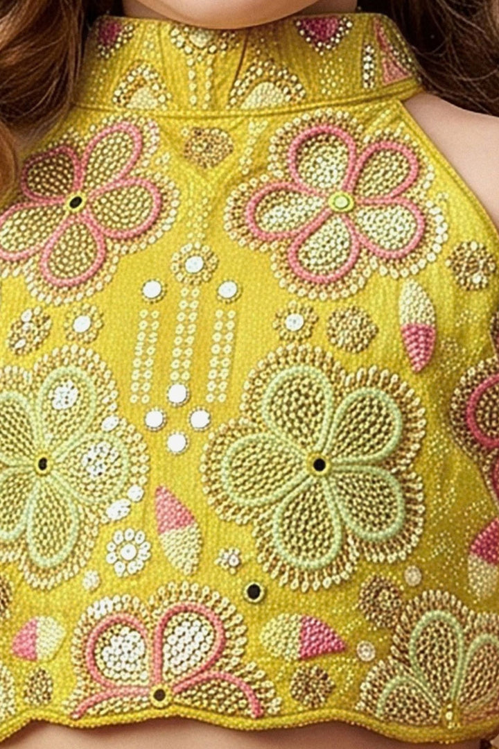 Lemon Green Halter Neck Girls Lehenga Choli with Emboridery, Beads and Sequins work