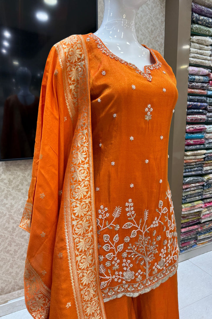 Orange Beads, Sequins and Zari work Palazzo Salwar Suit