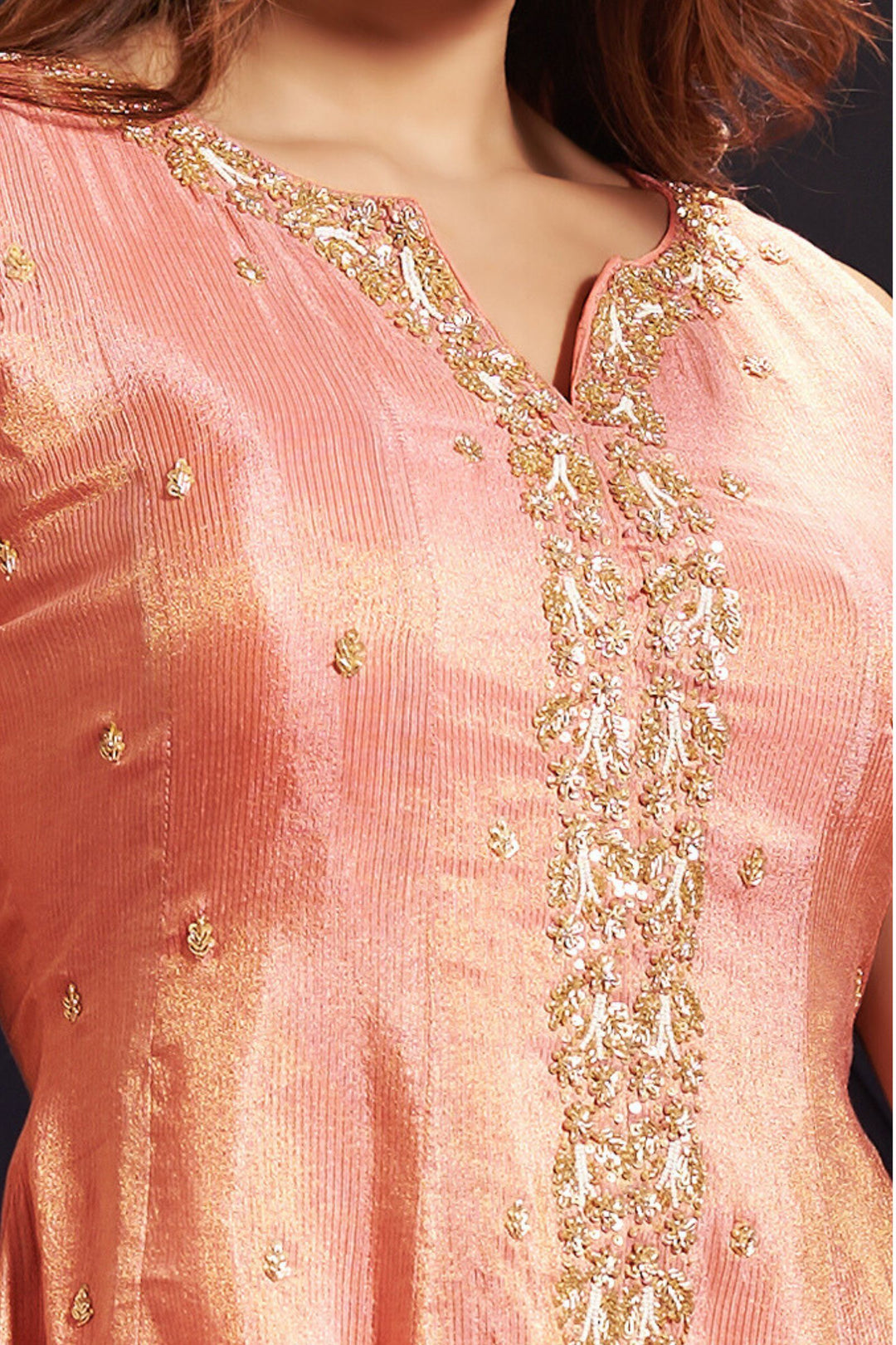 Peach Beads, Zardozi, Sequins and Zari Weaving work Peplum Top with Palazzo Suit Set