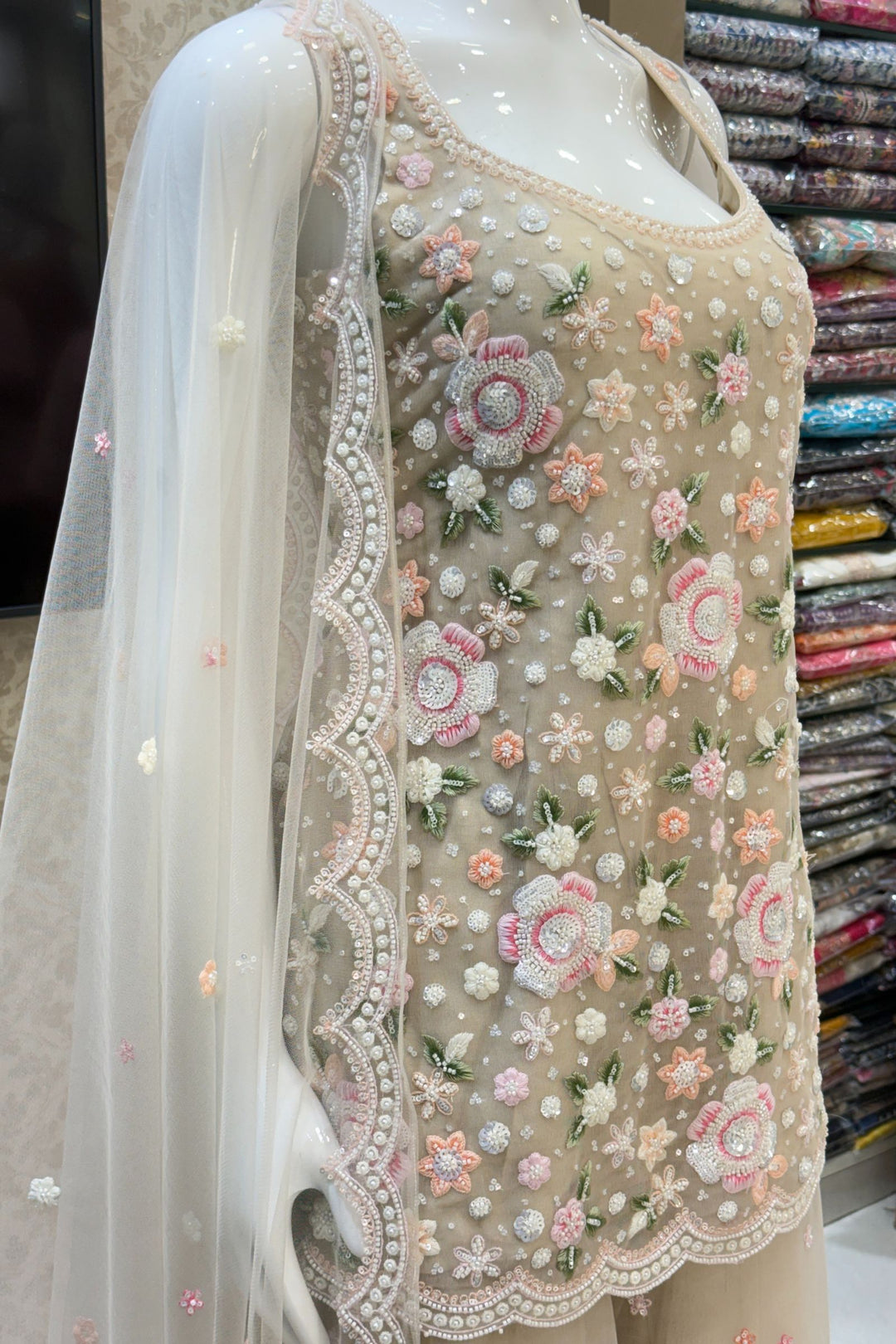 Beige Beads, Sequins and Multicolor Embroidery work Palazzo Salwar Suit