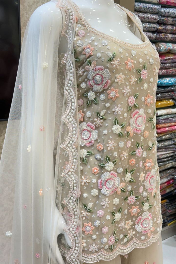 Beige Beads, Sequins and Multicolor Embroidery work Palazzo Salwar Suit
