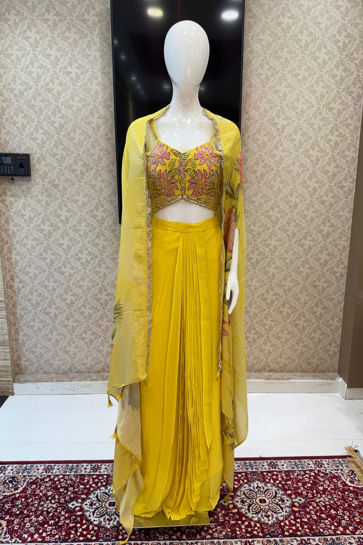 Lemon Yellow Multicolor Embroidery work with Digital Print Cape, Crop Top and Cowl Skirt