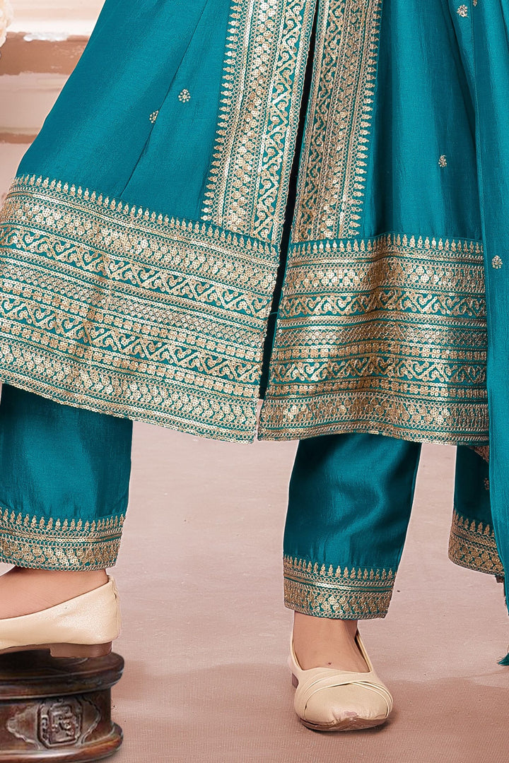 Rama Blue Sequins and Zari work Salwar Suit for Girls