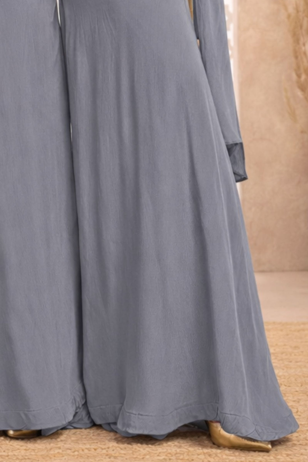 Grey Zari, Sequins, Beads and Mirror work with Floral Print Palazzo Suit Set