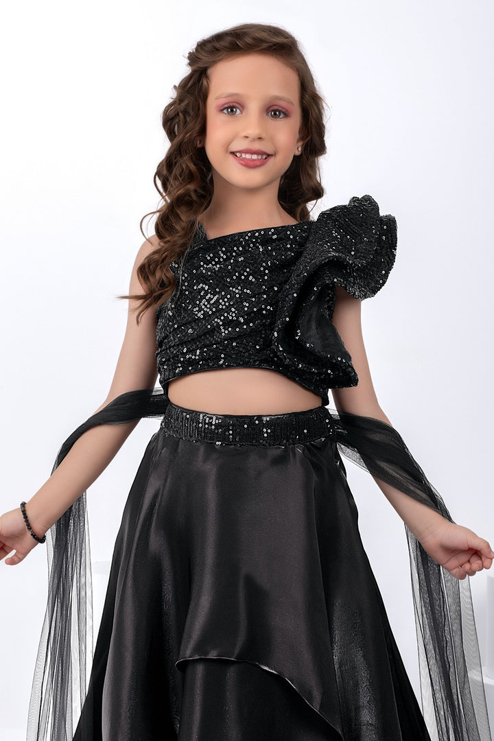 Black Sequins work One-Shoulder Ruffle Lehenga for Girls
