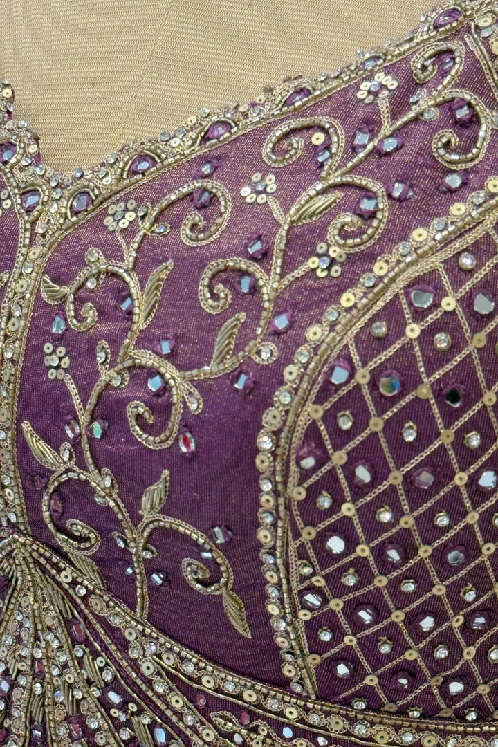 Purple Mirror, Stone, Beads, Zardozi, Zari, Sequins and Banaras work Crop Top Lehenga