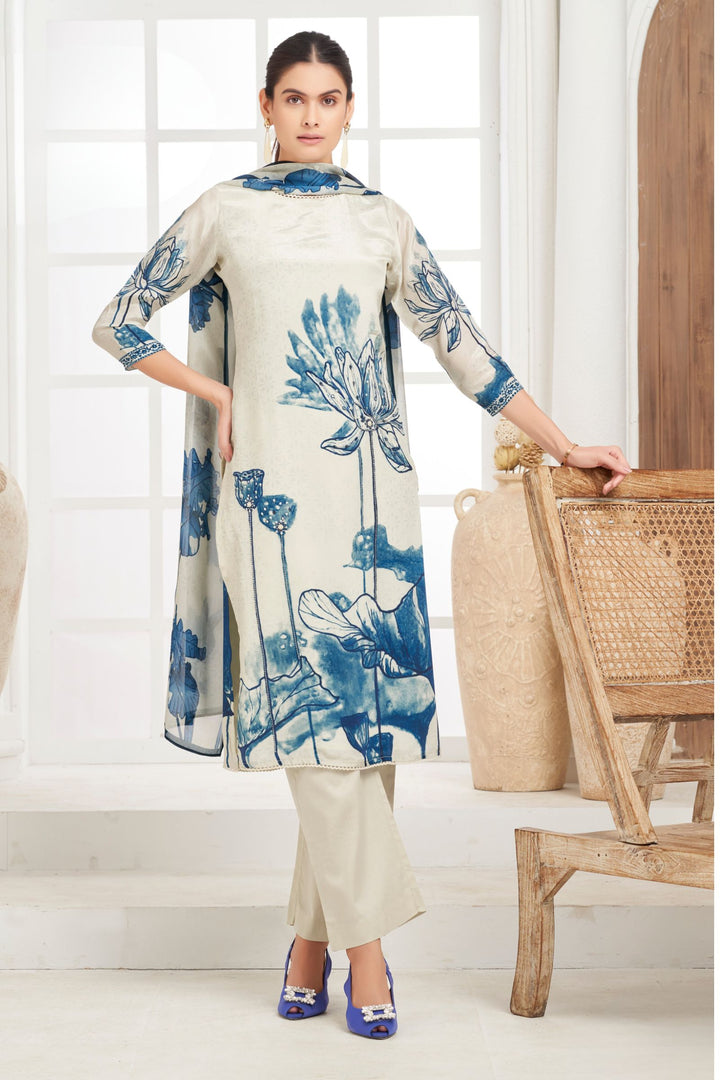 Beige with Blue Floral Print, Beads, Mirror and Sequins work Straight Cut Salwar Suit