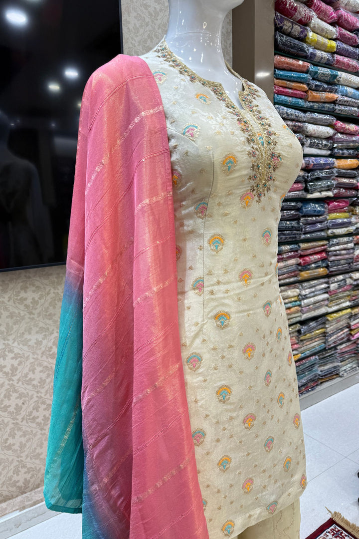Beige Multicolor Embroidery, Zari, Zardozi and Sequins work Palazzo Salwar Suit