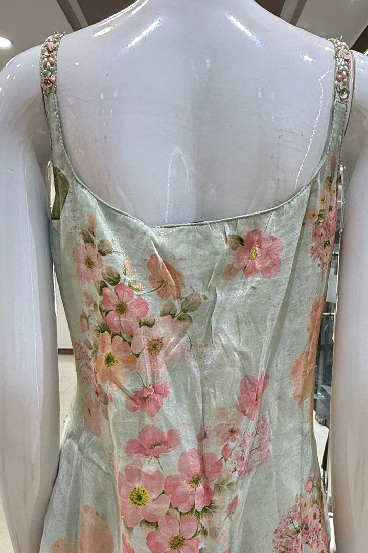 Sea Green Stone, Beads and Kundan work with Floral Print Palazzo Salwar Suit