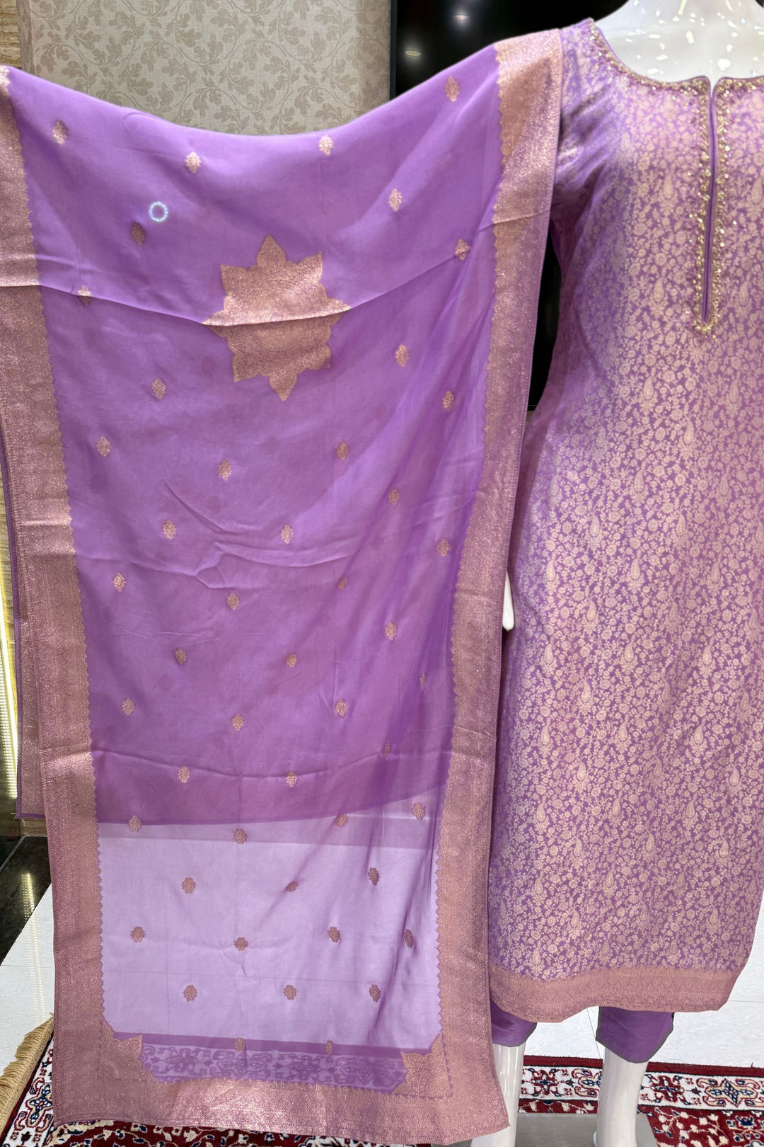 Lavender Zardozi, Stone, Thread and Brocade work Straight Cut Salwar Suit